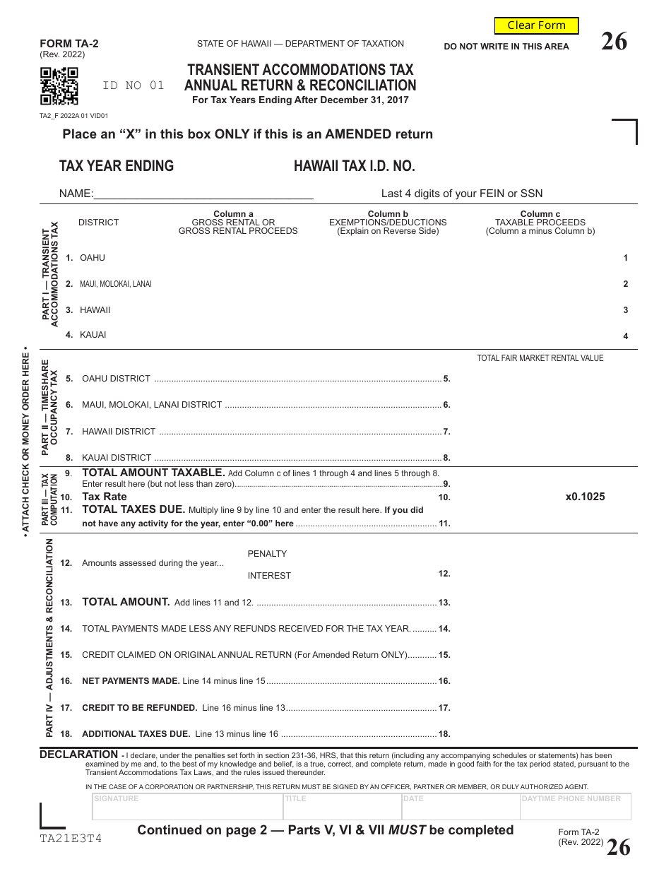 Form TA-2 Transient Accommodations Tax Annual Return  Reconciliation for Tax Years Ending After December 31, 2017 - Hawaii, Page 1