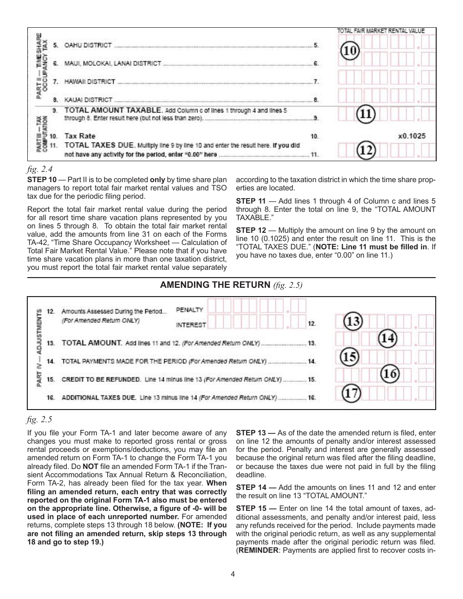 Instructions for Form TA-1 Transient Accommodations Tax Return for Periods Beginning After December 31, 2017 - Hawaii, Page 4