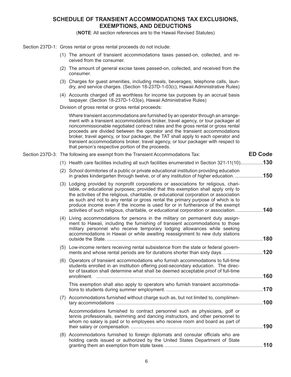 Instructions for Form TA-1 Transient Accommodations Tax Return for Periods Beginning After December 31, 2017 - Hawaii, Page 6