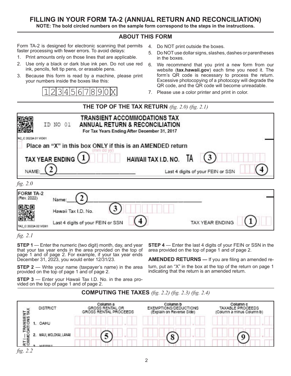 Instructions for Form TA-2 Transient Accommodations Tax Annual Return  Reconciliation for Tax Years Ending After December 31, 2017 - Hawaii, Page 2