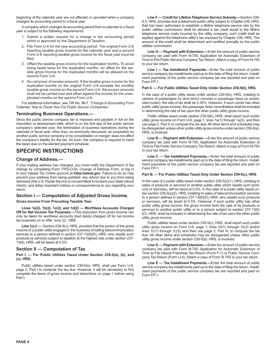 Instructions for Form U-6 Public Service Company Tax Return - Hawaii, Page 4