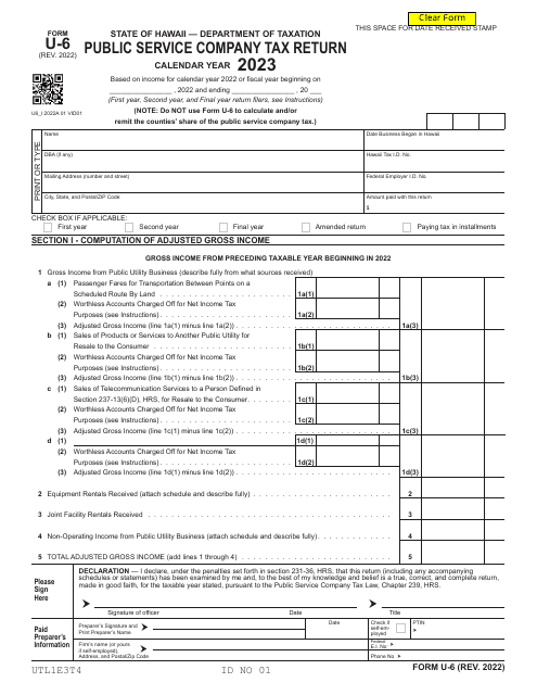 Form U-6 Public Service Company Tax Return - Hawaii, 2023