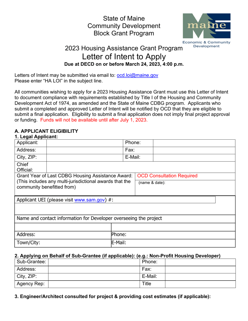 Letter of Intent to Apply - Housing Assistance Grant Program - Maine, Page 1