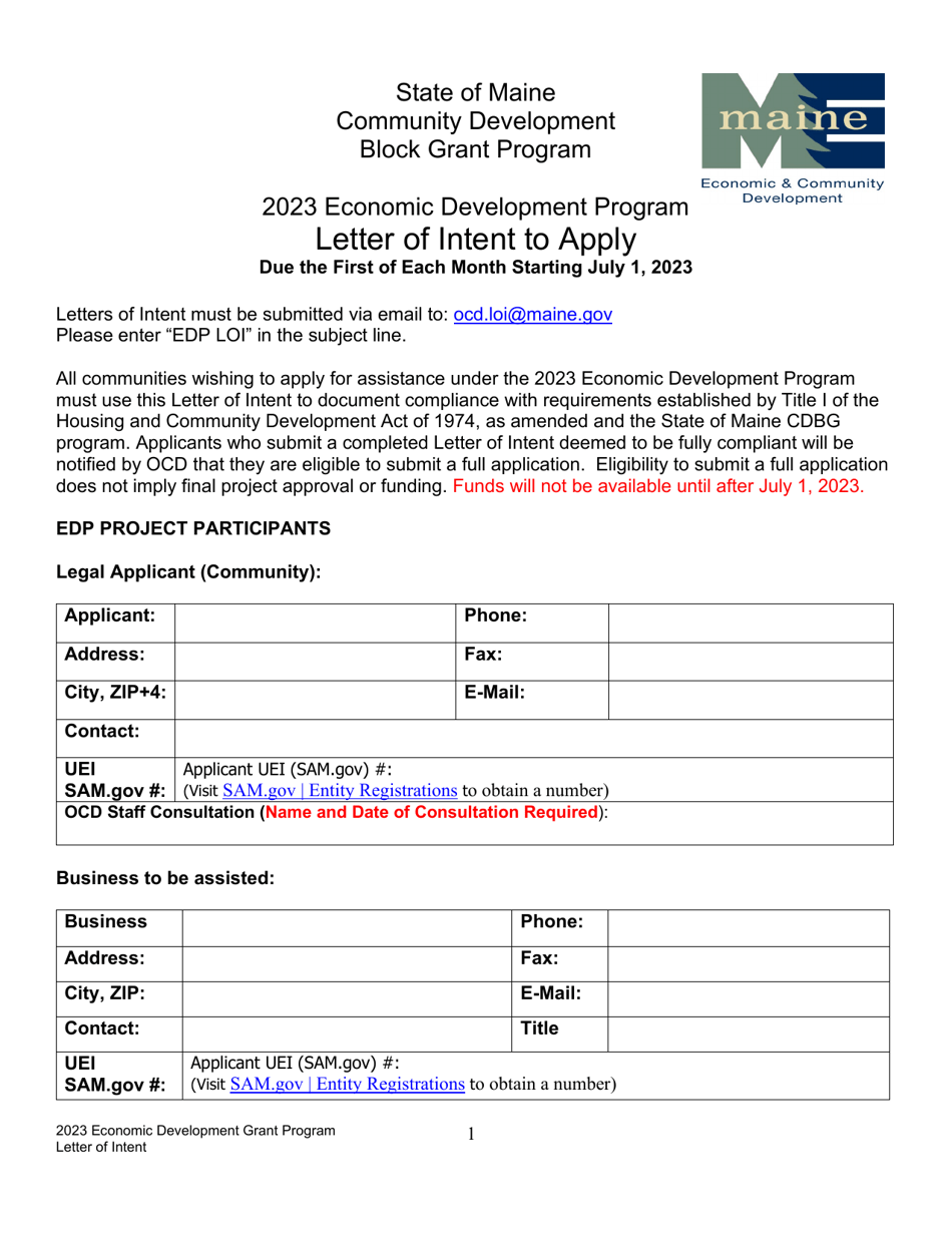 Letter of Intent to Apply - Economic Development Program - Maine, Page 1