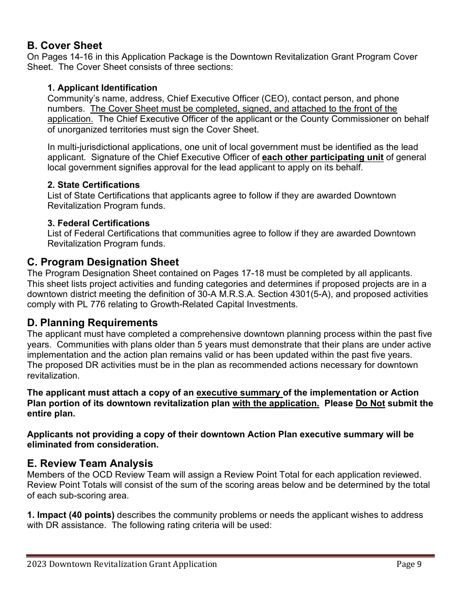 Downtown Revitalization Grant Program Application - Maine, Page 9