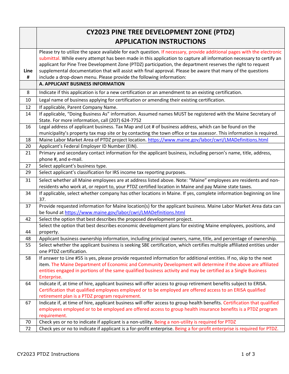 Instructions for Business Certification Application - Pine Tree Development Zone (Ptdz) Program - Maine, Page 1