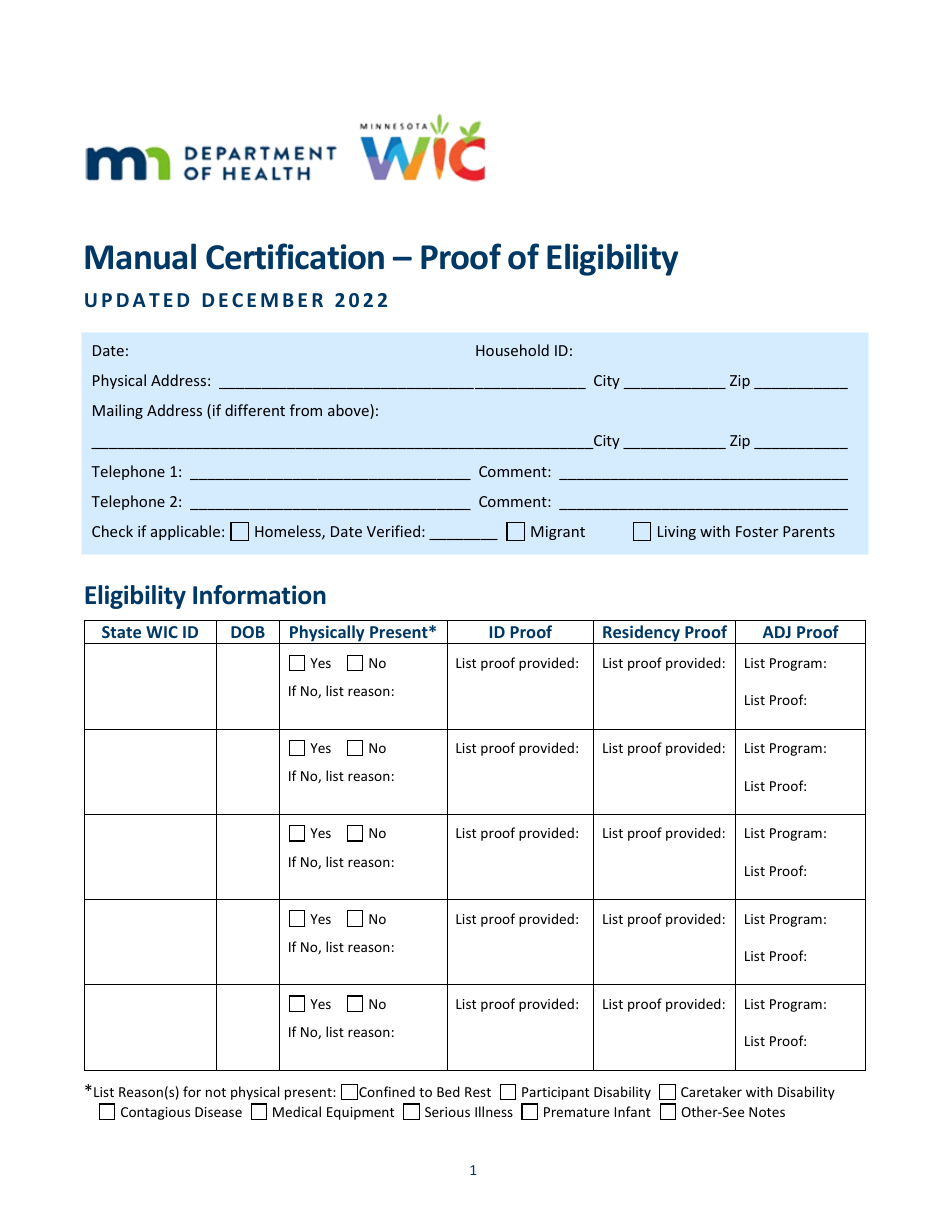 Manual Certification - Proof of Eligibility - Minnesota, Page 1