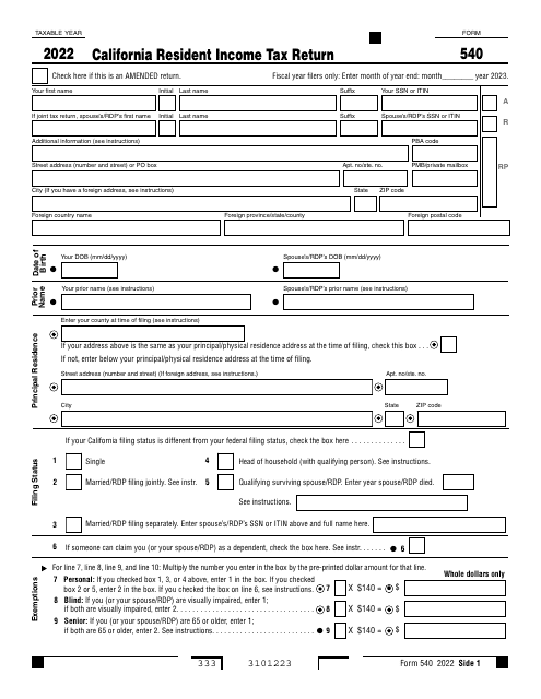 Form 540 California Resident Income Tax Return - California, 2022