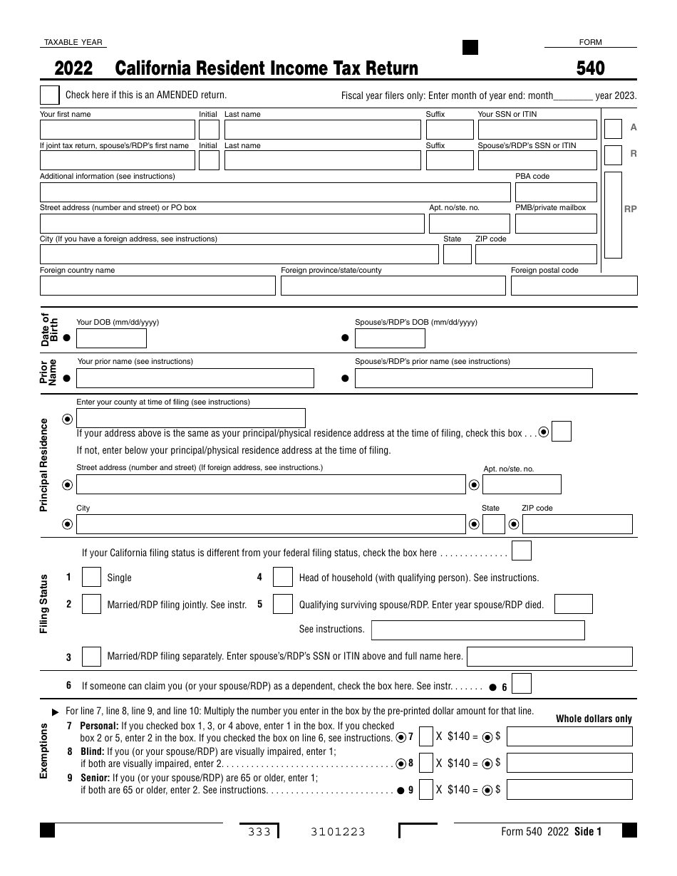 Form 540 California Resident Income Tax Return - California, Page 1