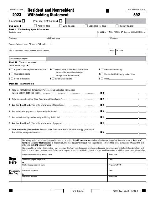 Form 592 Resident and Nonresident Withholding Statement - California, 2023