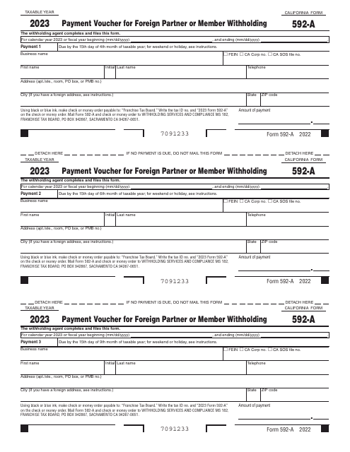 Form 592-A Payment Voucher for Foreign Partner or Member Withholding - California, 2023