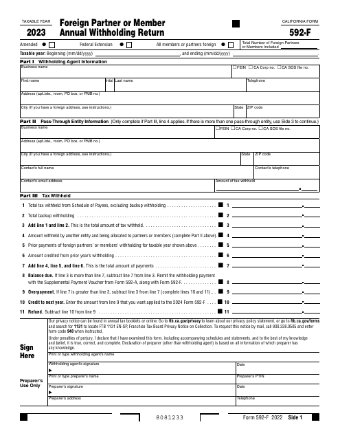 Form 592-F Foreign Partner or Member Annual Withholding Return - California, 2023