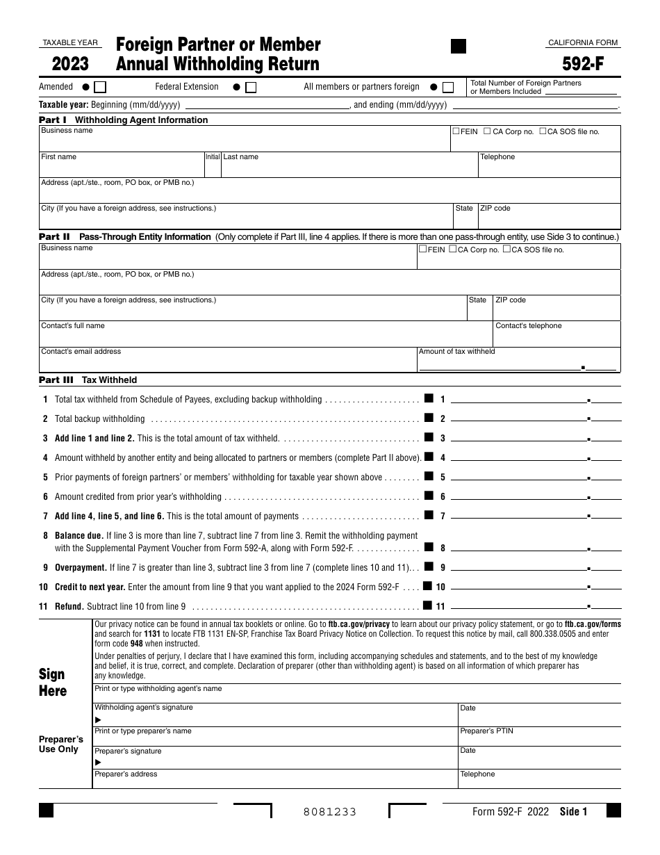 Form 592-F Foreign Partner or Member Annual Withholding Return - California, Page 1
