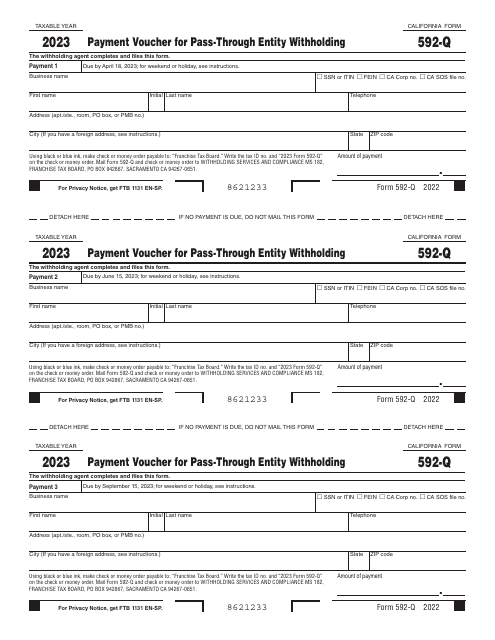 Form 592-Q Payment Voucher for Pass-Through Entity Withholding - California, 2023