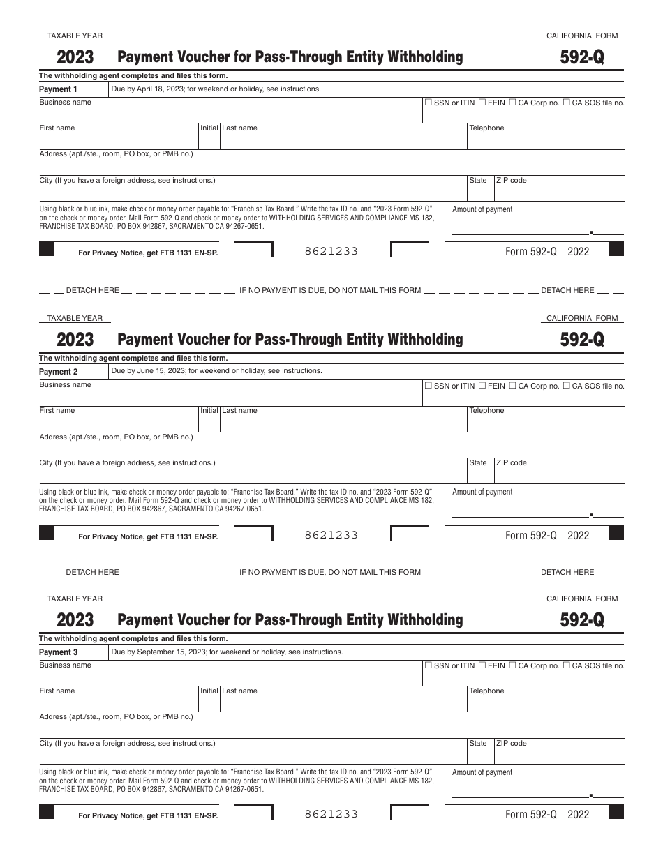Form 592-Q Payment Voucher for Pass-Through Entity Withholding - California, Page 1