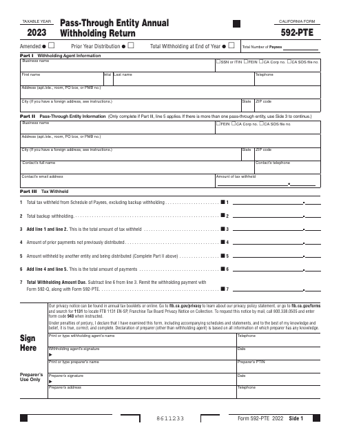 Form 592-PTE Pass-Through Entity Annual Withholding Return - California, 2023