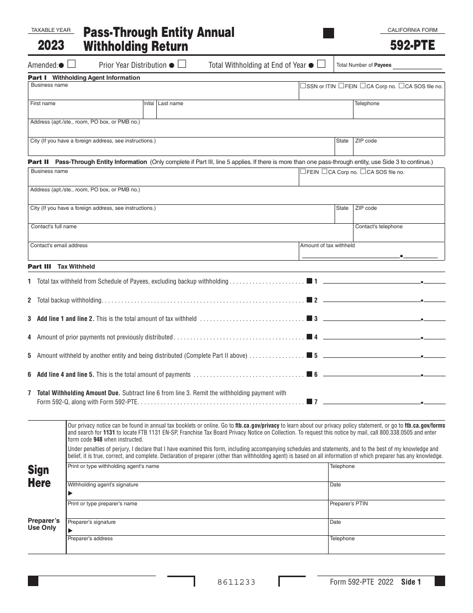 Form 592-PTE Pass-Through Entity Annual Withholding Return - California, Page 1