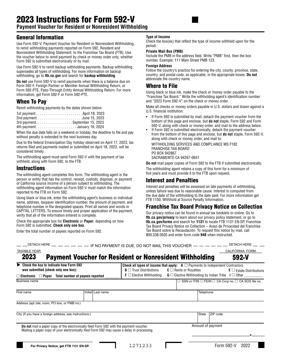 Form 592V 2023 Fill Out, Sign Online and Download Fillable PDF
