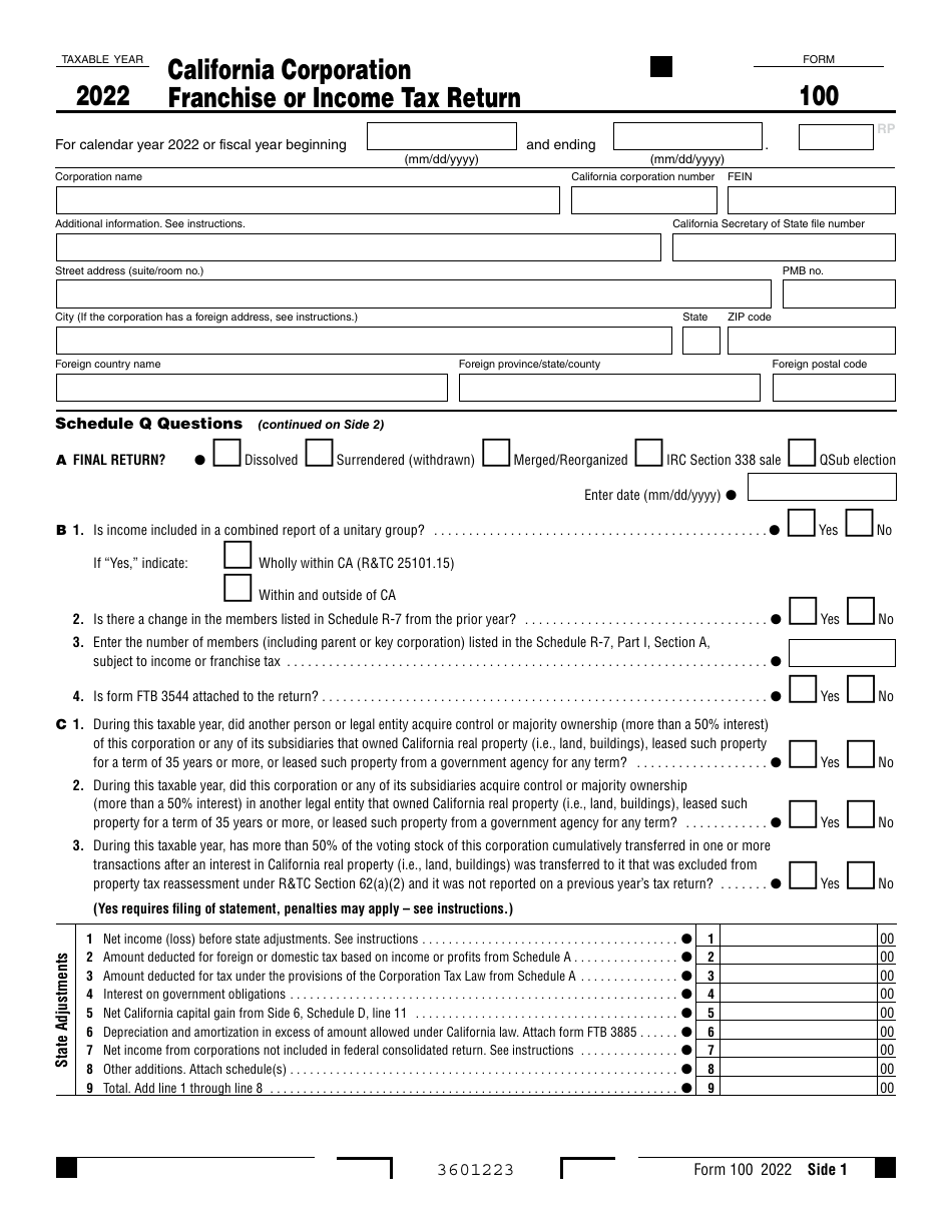Form 100 California Corporation Franchise or Income Tax Return - California, Page 1