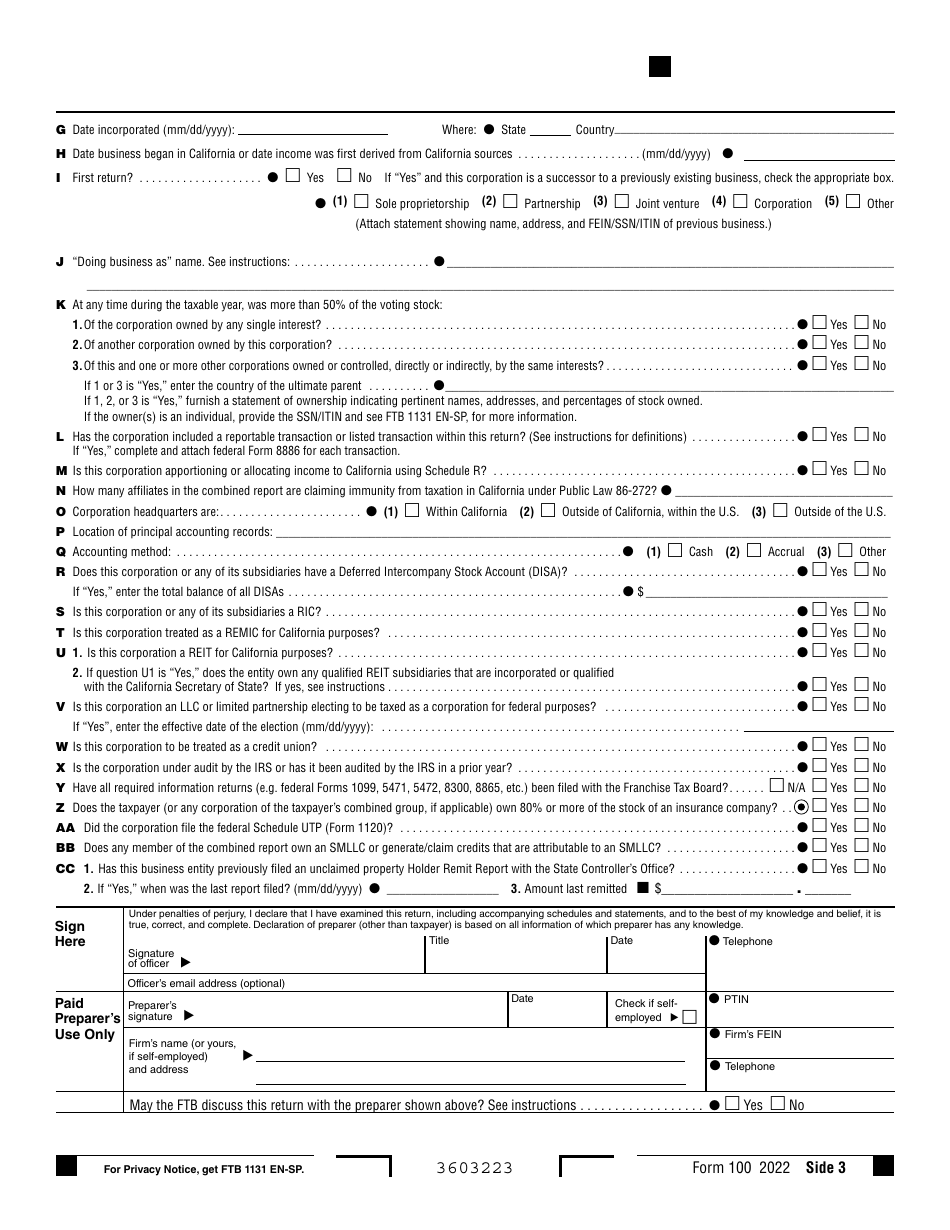 Form 100 Download Fillable PDF or Fill Online California Corporation ...