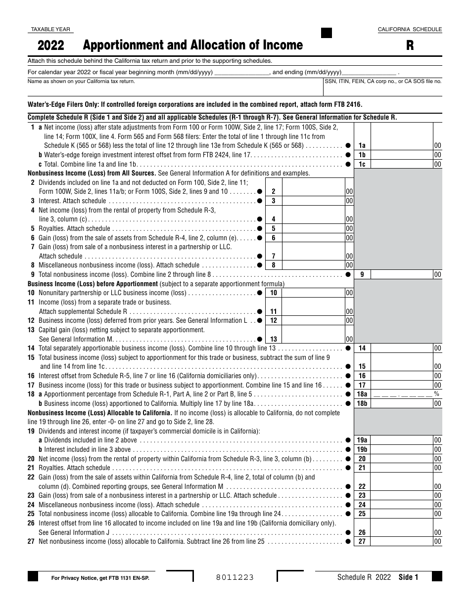 Form 100 Schedule R Apportionment and Allocation of Income - California, Page 1