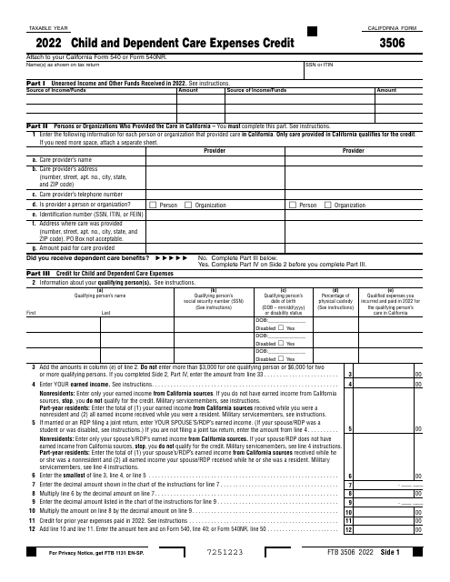 Form FTB3506 Child and Dependent Care Expenses Credit - California, 2022