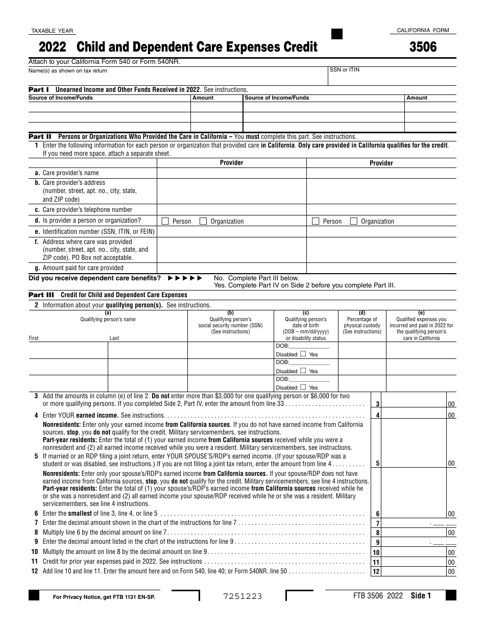 Form FTB3506 Child and Dependent Care Expenses Credit - California, Page 1