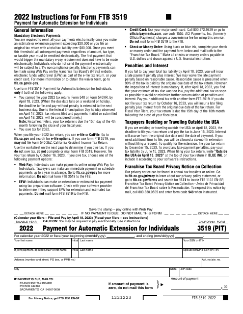 Form FTB3519 Payment for Automatic Extension for Individuals - California, 2022