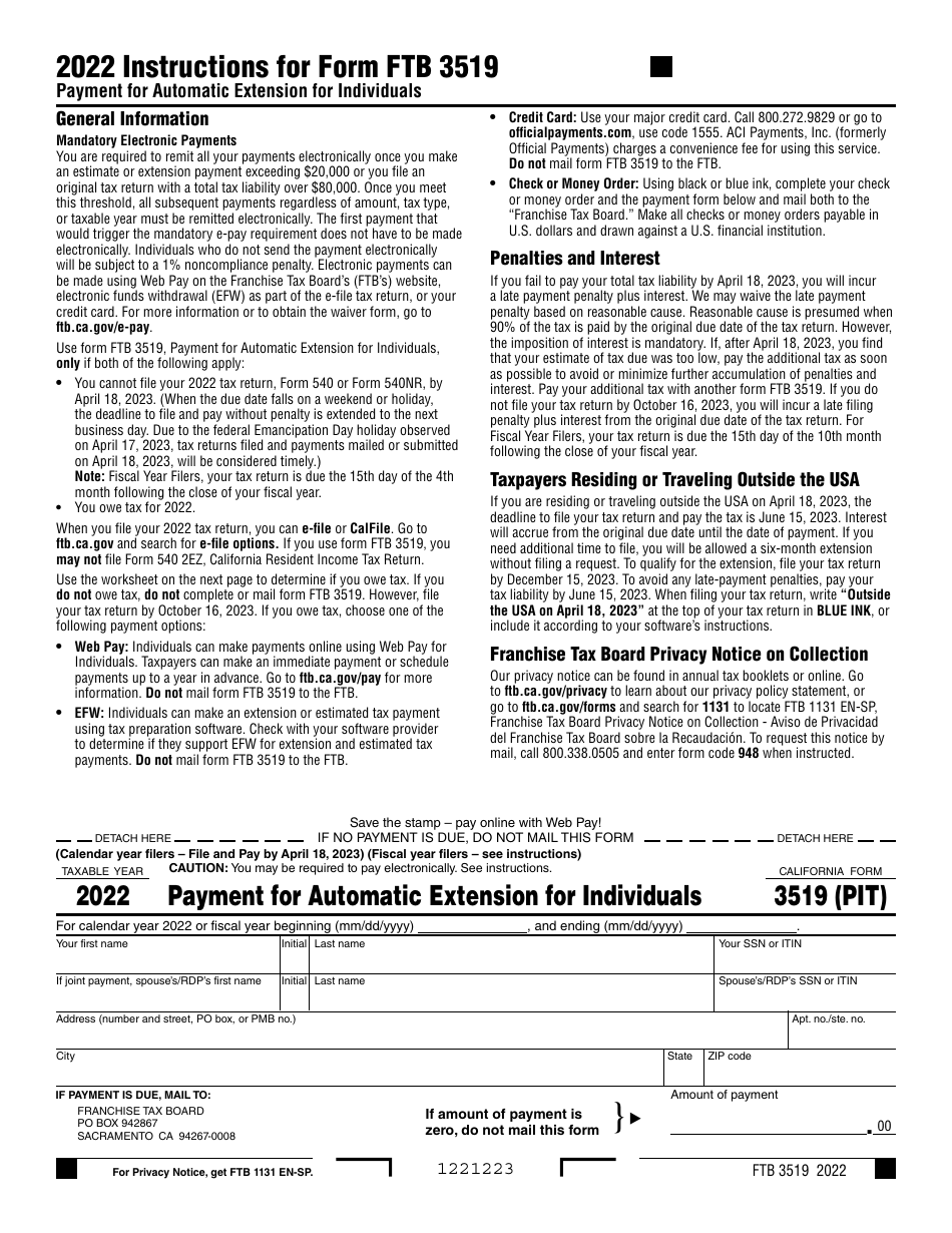 Form FTB3519 Download Fillable PDF or Fill Online Payment for Automatic
