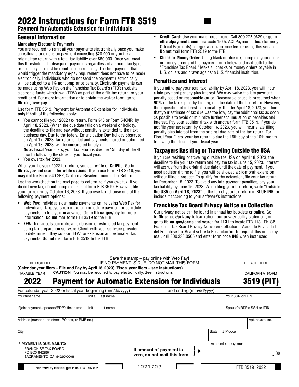 Form FTB3519 Payment for Automatic Extension for Individuals - California, Page 1