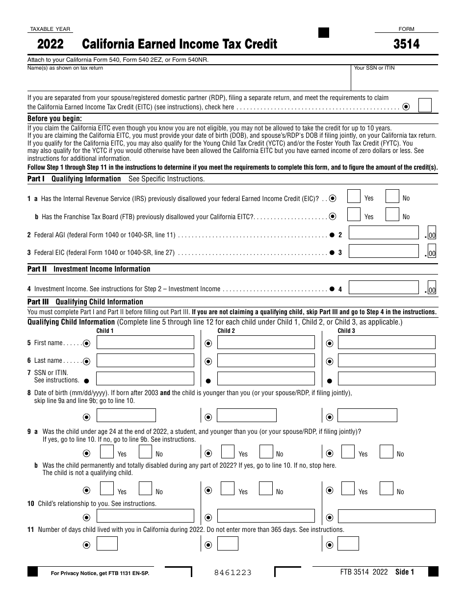 Form FTB3514 California Earned Income Tax Credit - California, Page 1
