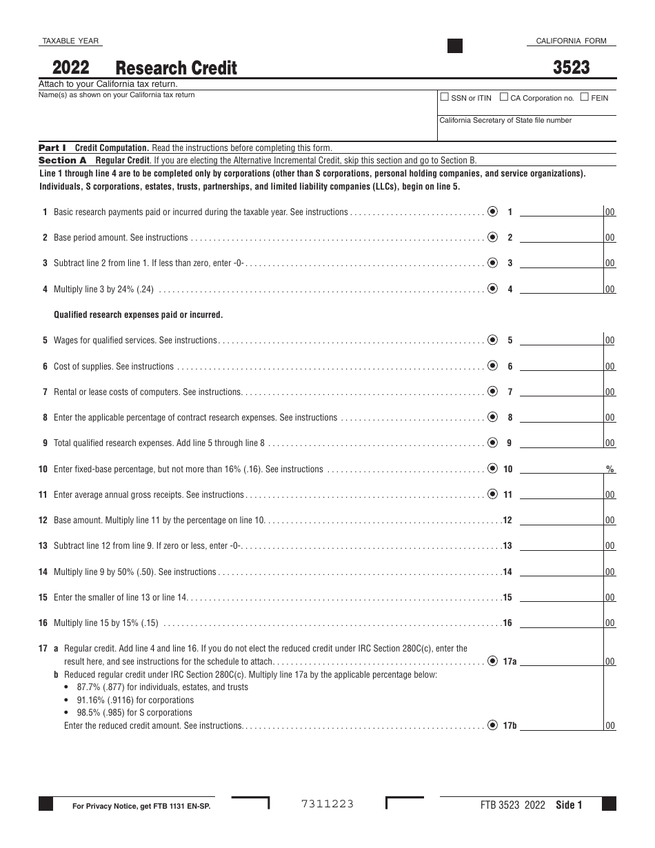 Form FTB3523 Research Credit - California, Page 1