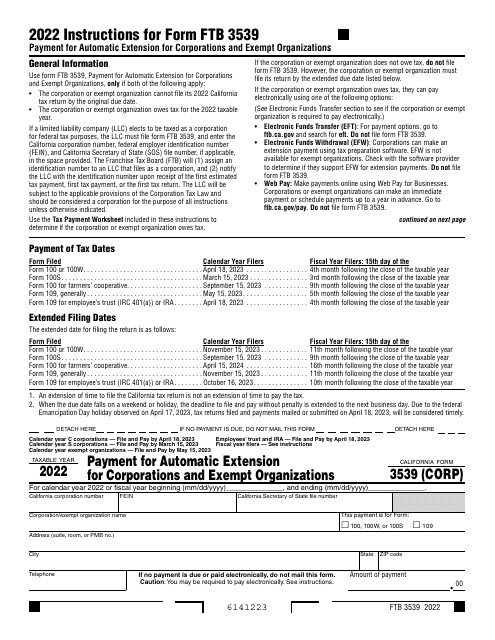 Form FTB3539 Payment for Automatic Extension for Corporations and Exempt Organizations - California, 2022
