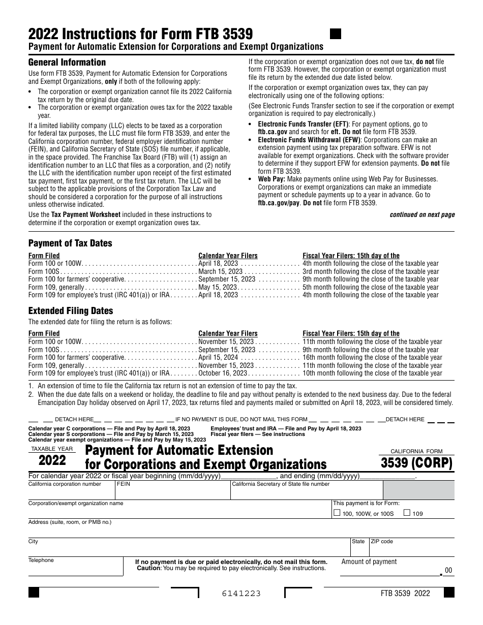 Form FTB3539 Payment for Automatic Extension for Corporations and Exempt Organizations - California, Page 1