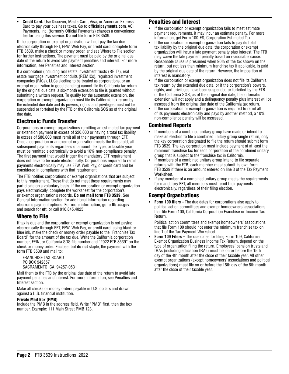 Form FTB3539 Payment for Automatic Extension for Corporations and Exempt Organizations - California, Page 2