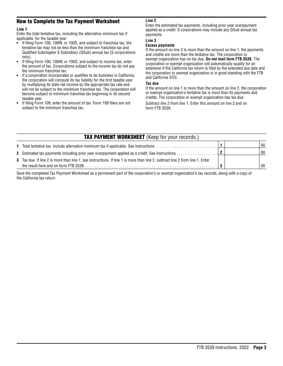 Form FTB3539 Payment for Automatic Extension for Corporations and Exempt Organizations - California, Page 3