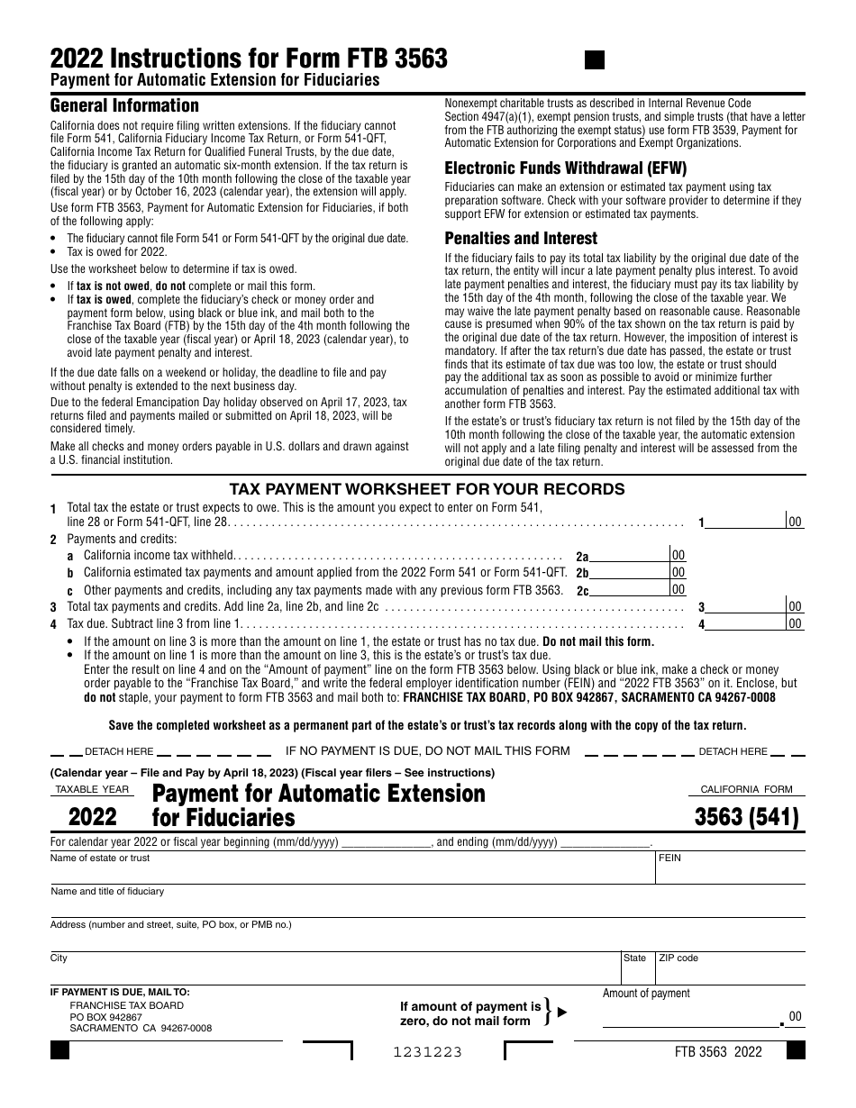 Form FTB3563 (541) Payment for Automatic Extension for Fiduciaries - California, Page 1