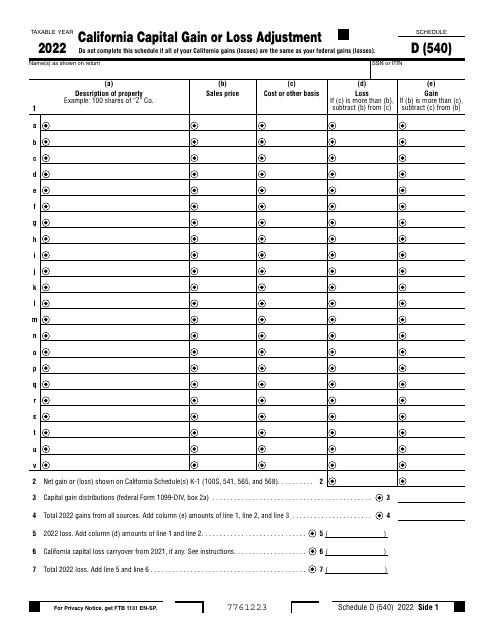 Form 540 Schedule D 2022 Printable Pdf