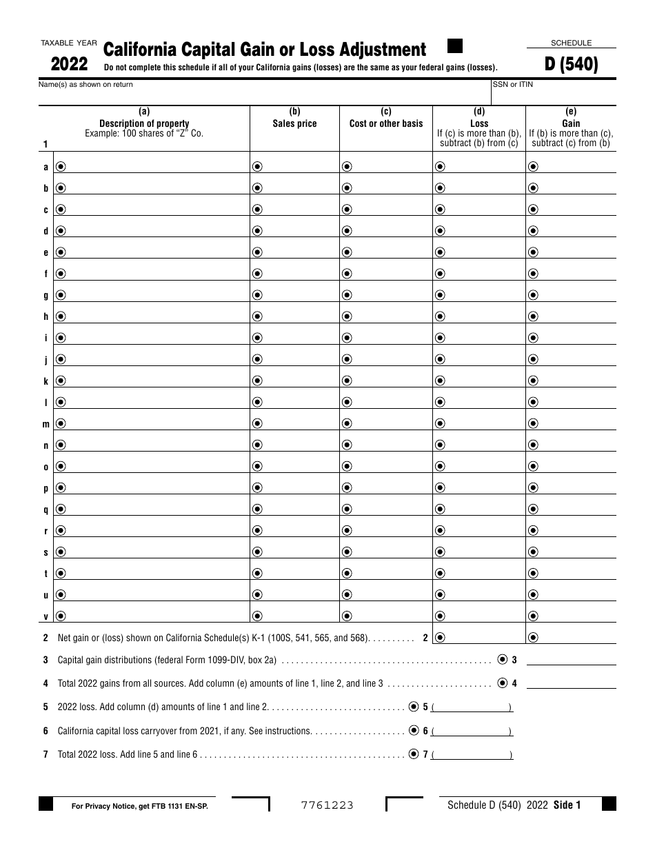 Form 540 Schedule D California Capital Gain or Loss Adjustment - California, Page 1