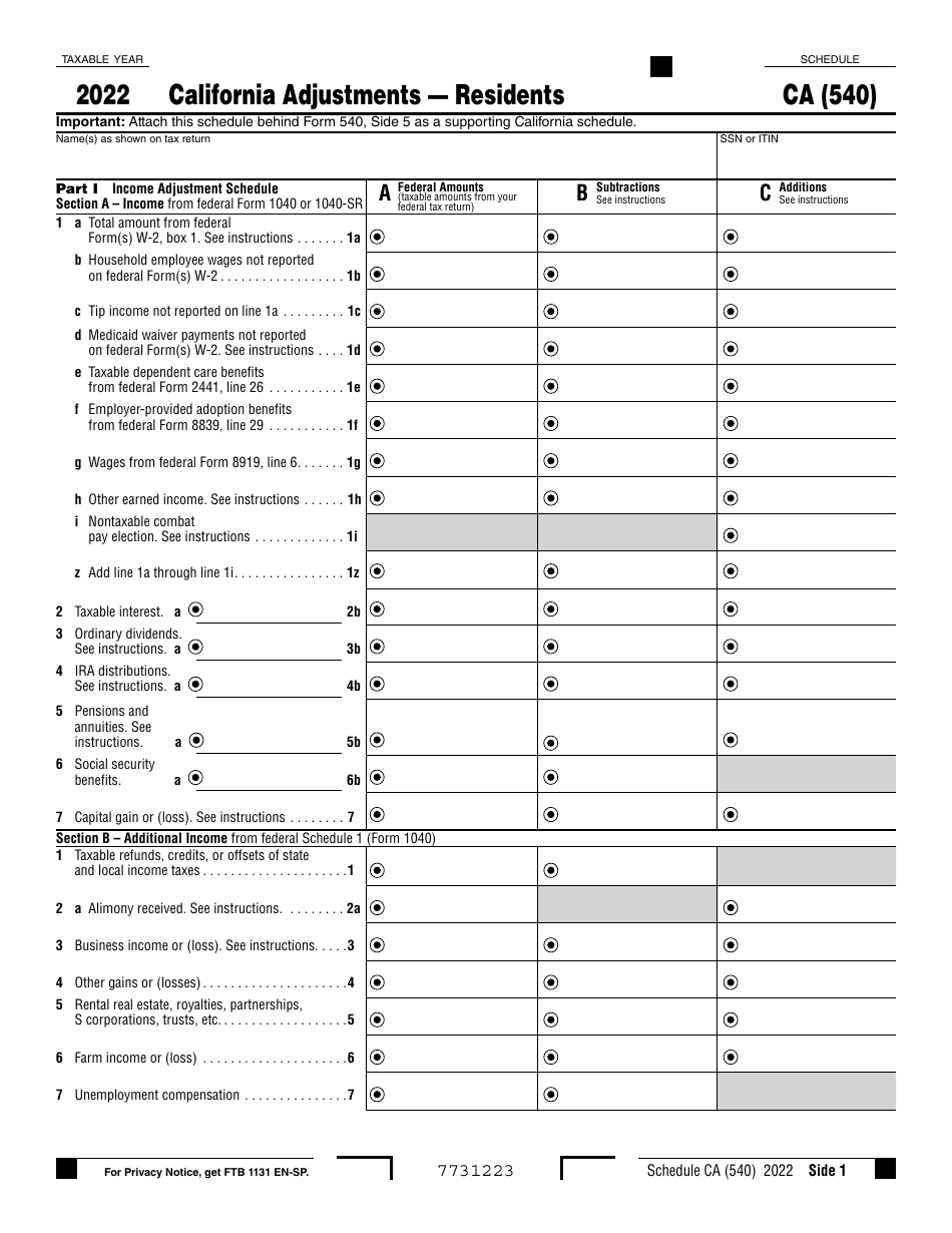 Form 540 Schedule CA California Adjustments - Residents - California, Page 1