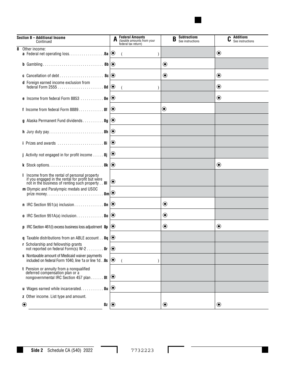Form 540 Schedule CA California Adjustments - Residents - California, Page 2