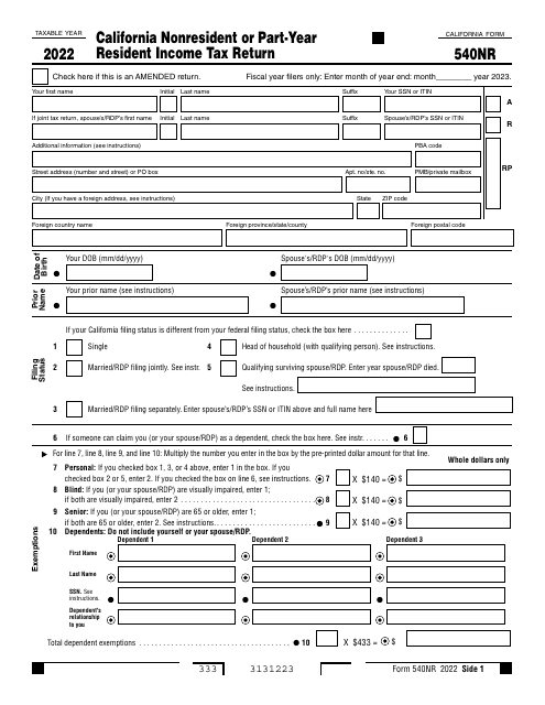 Form 540NR California Nonresident or Part-Year Resident Income Tax Return - California, 2022