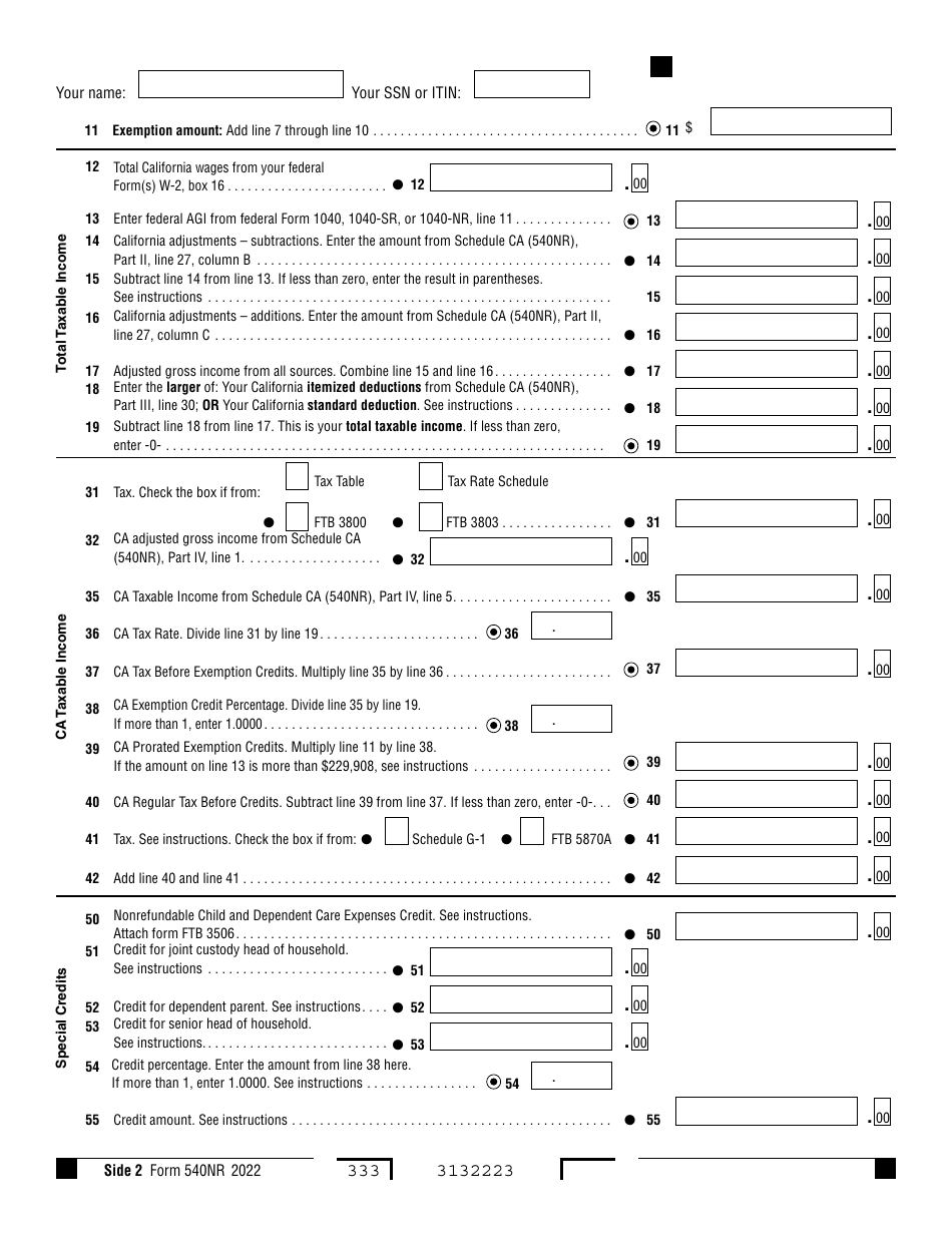 Form 540NR California Nonresident or Part-Year Resident Income Tax Return - California, Page 2
