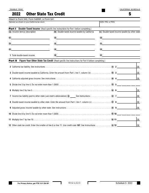 Form 540 Schedule S 2022 Printable Pdf