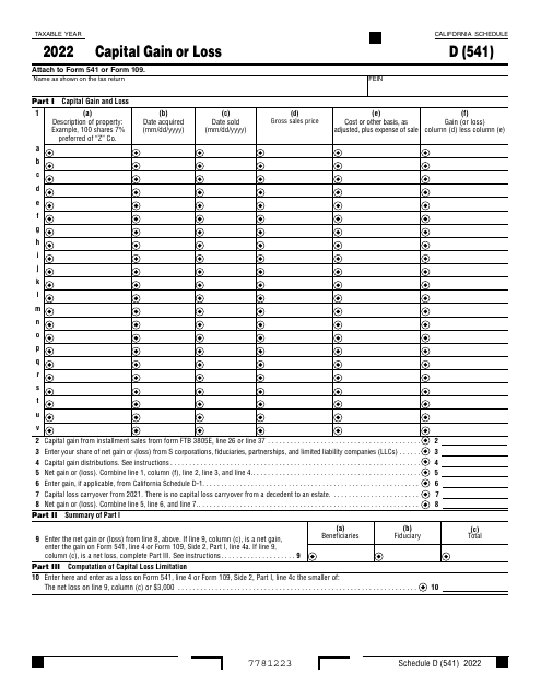 Form 541 Schedule D 2022 Printable Pdf