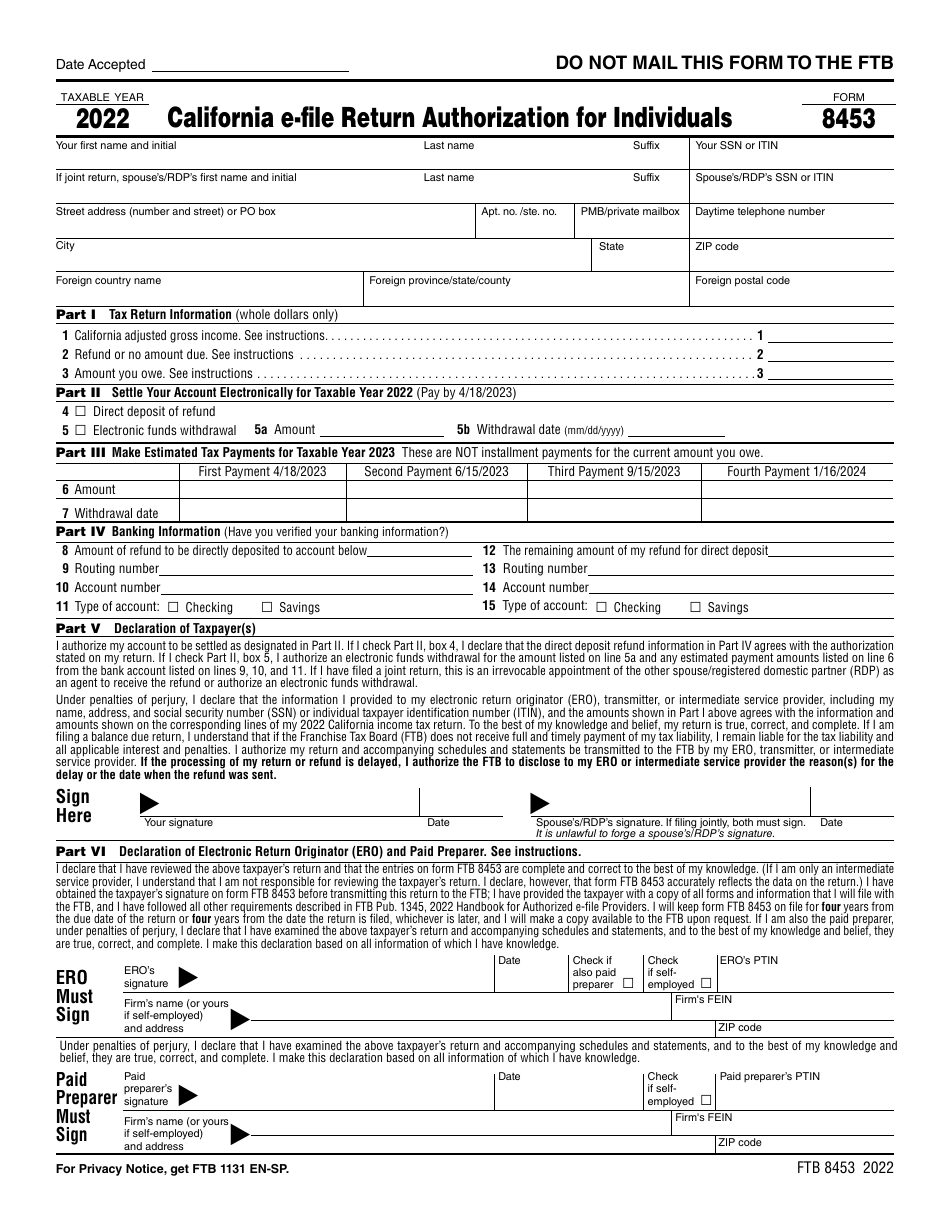Form FTB8453 Download Fillable PDF or Fill Online California EFile