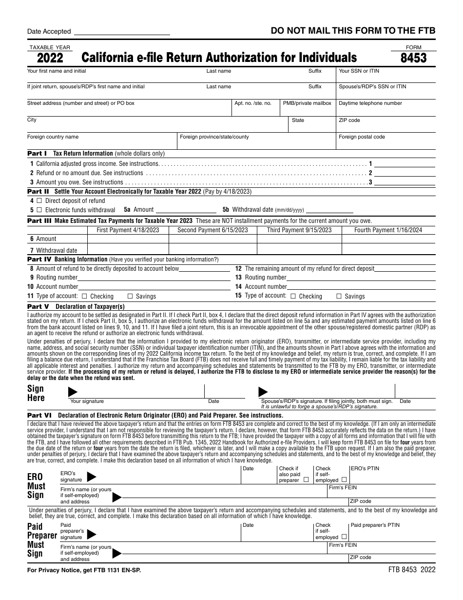 Form FTB8453 California E-File Return Authorization for Individuals - California, Page 1