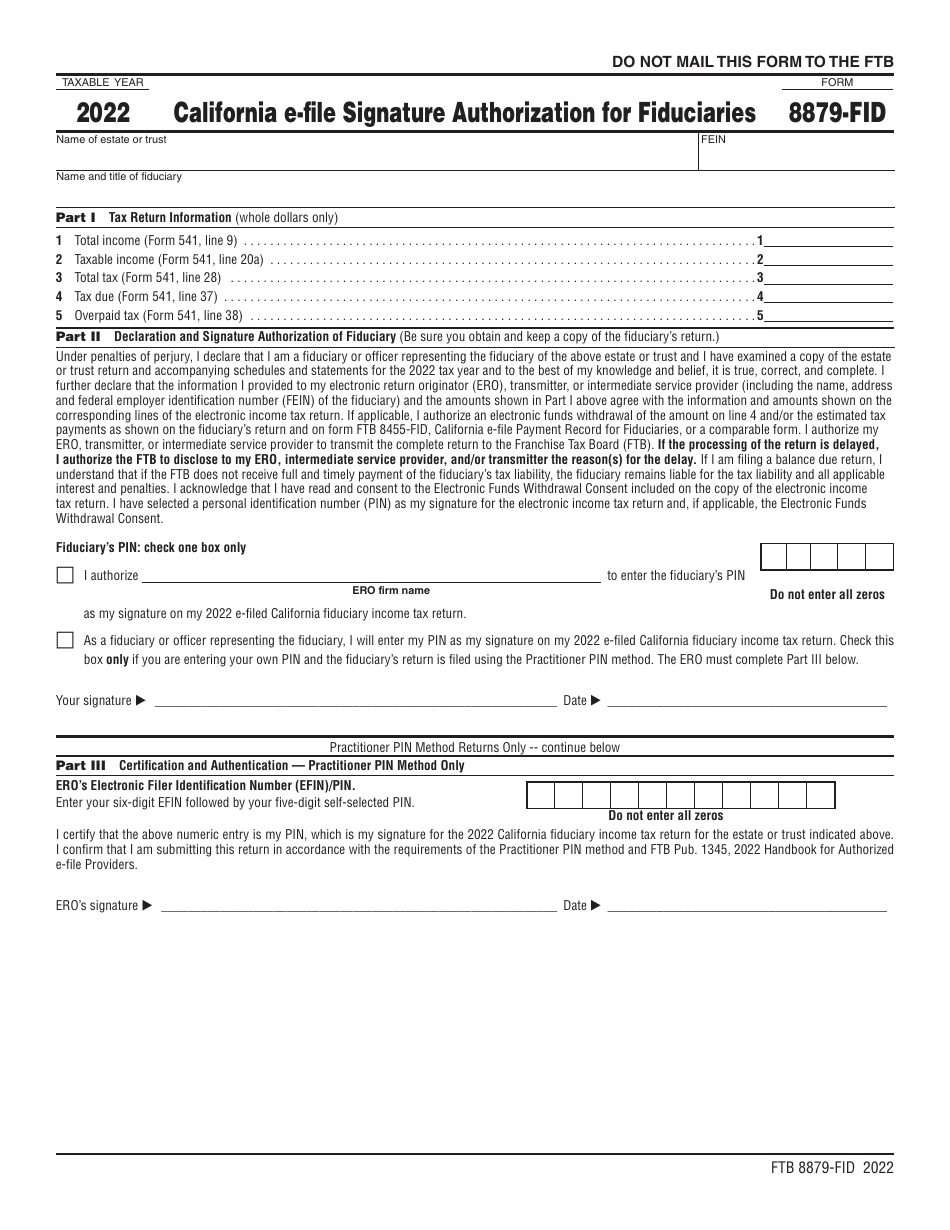 Form FTB8879-FID California E-File Signature Authorization for Fiduciaries - California, Page 1