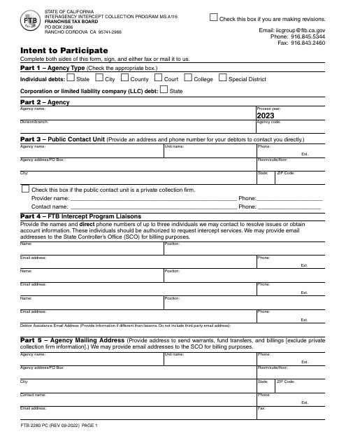 Form FTB2280 Intent to Participate - California, 2023