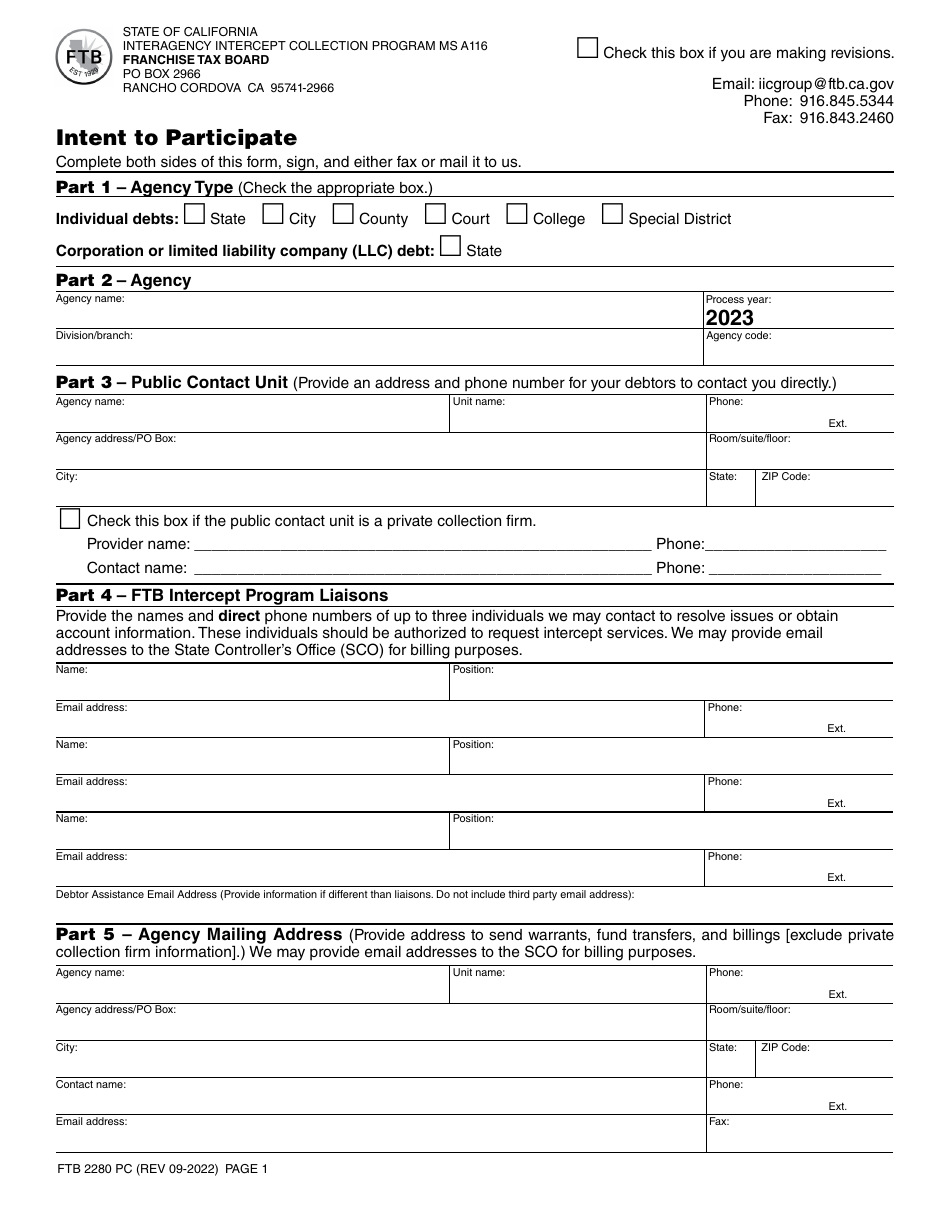 Form FTB2280 Intent to Participate - California, Page 1